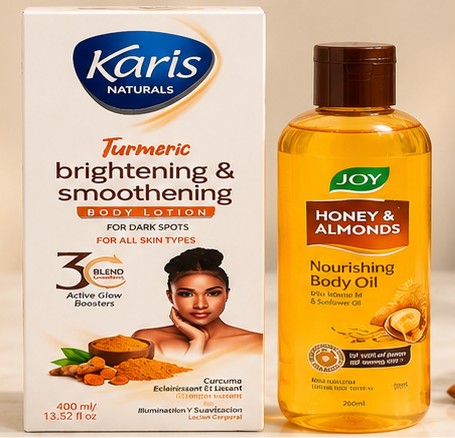Karis Naturals Turmeric Brightening & Smoothening Body Lotion. And Joy Honey & Almonds Nourishing Body Oil
