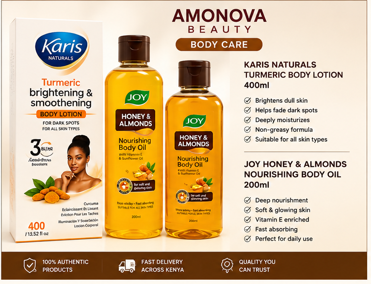 Karis Naturals Turmeric Brightening & Smoothening Body Lotion. And Joy Honey & Almonds Nourishing Body Oil